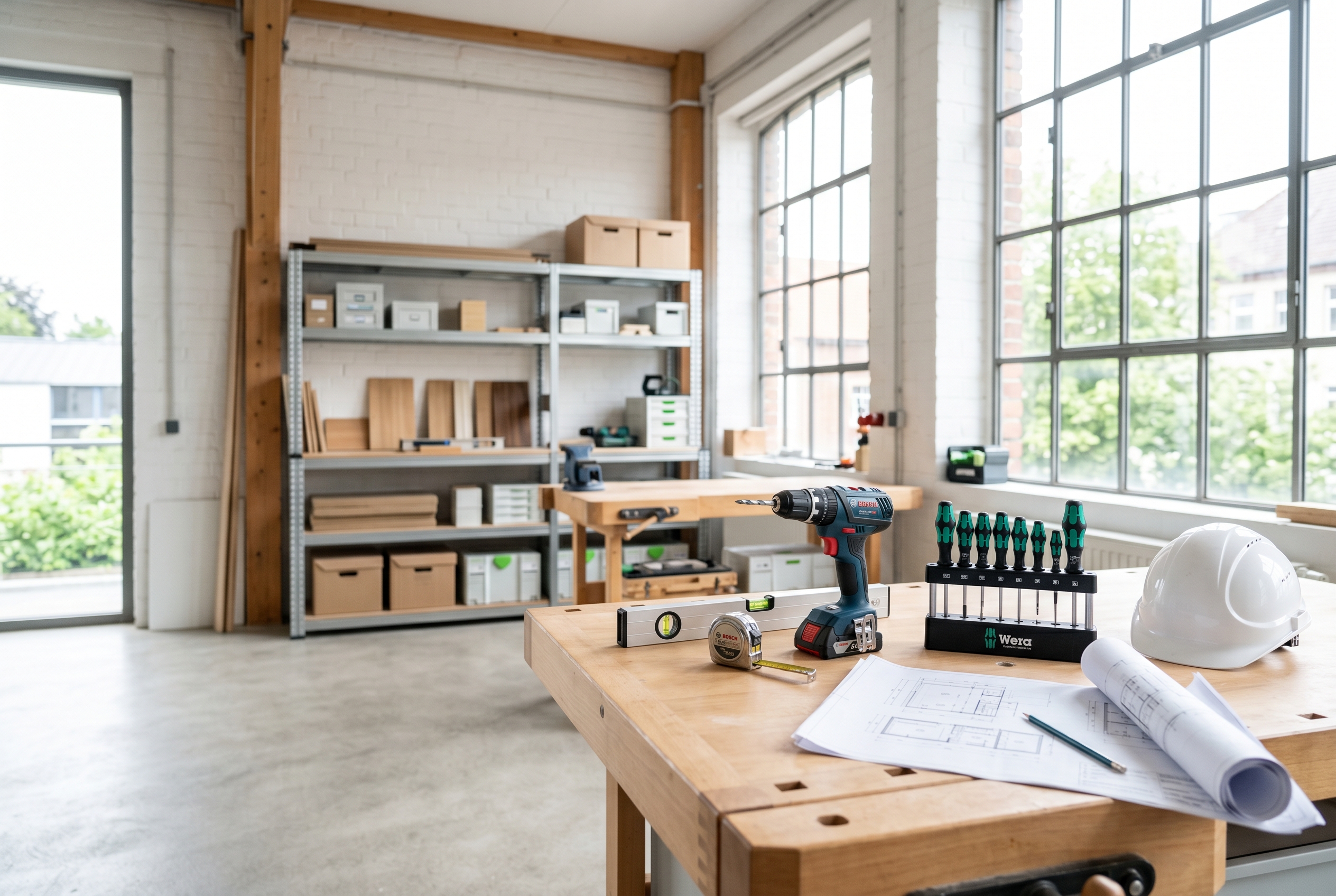 Moderne Handwerks-Werkstatt mit Bauplan und Werkzeugen